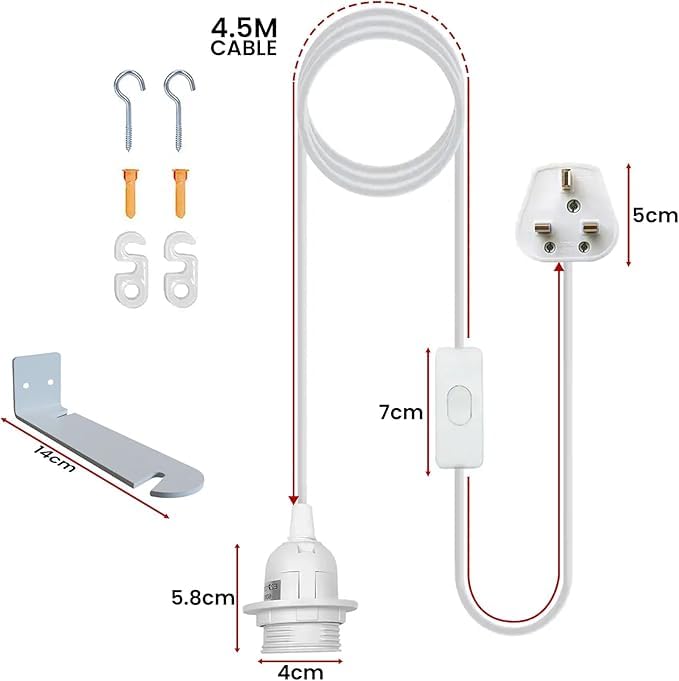 Plug in Pendant Light 2m/4.5m Cable E27 Lamp Holder~4119