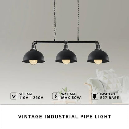 3 Head Water Pipe Ceiling Pendant Light With Black Dome Shade~2611