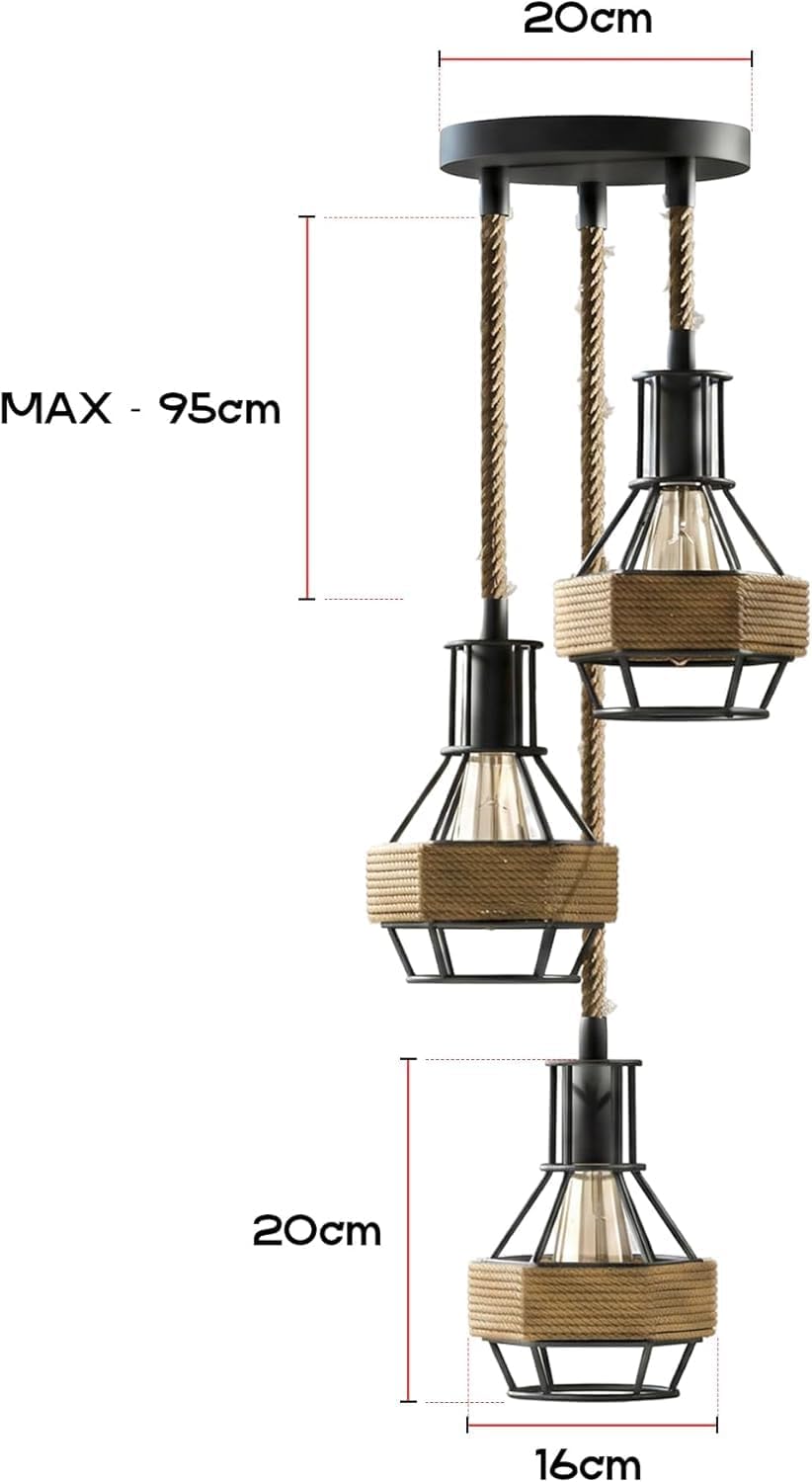 3Head Metal Pendant Light Fitting Hemp Rope E27 Ceiling Lamp ~3737