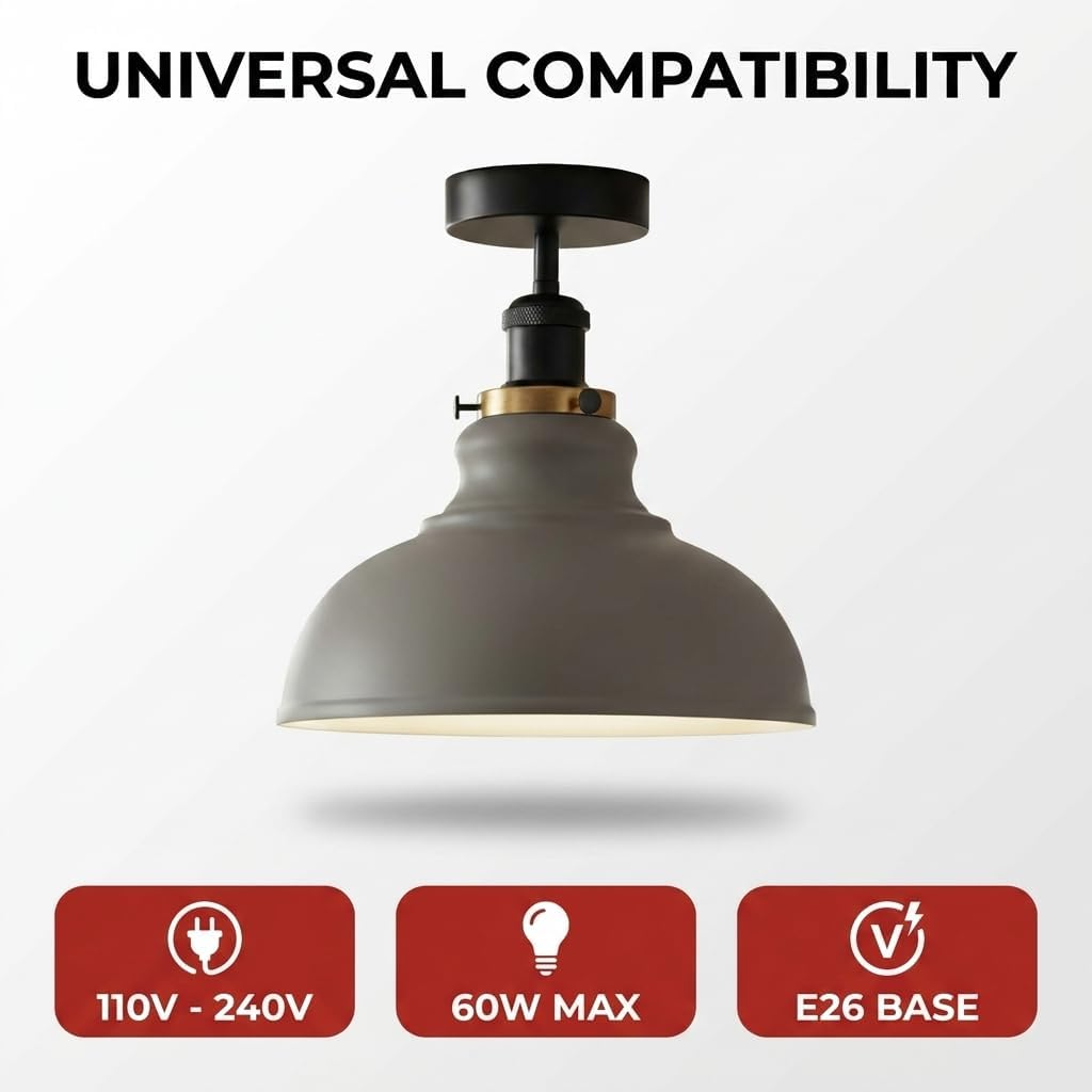 Curvy Metal Shade Ceiling Light, Semi Flush Mount Fixture, E26 Black Holder
