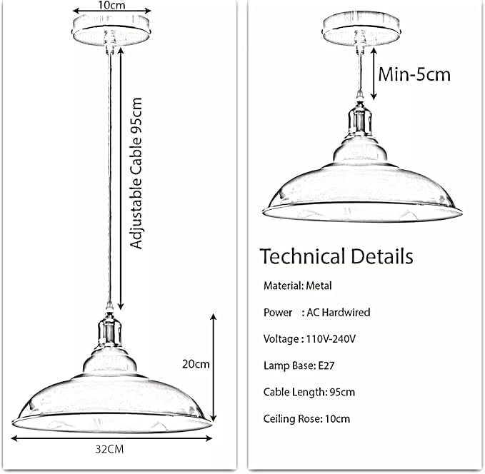 Semi Curvy Pendant Light Retro  E27 32cm Metal Shade~4138