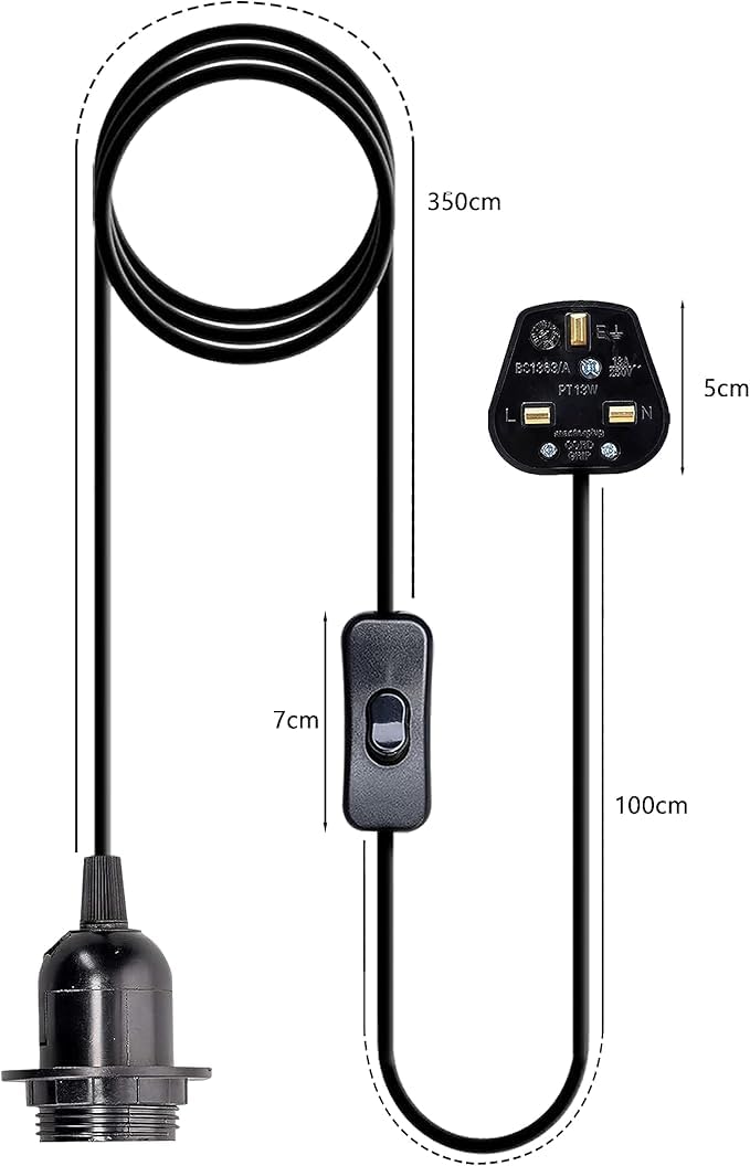 Plug in Pendant Light 2m/4.5m Cable E27 Lamp Holder~4119