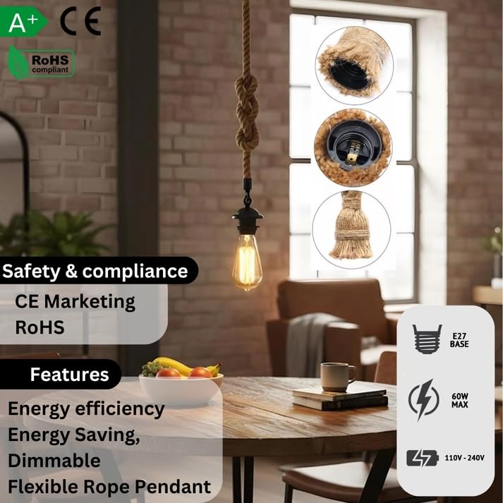 Hemp Ceiling Pendant Light Fitting E27 Lamp~4109