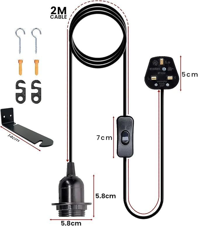 Plug in Pendant Light 2m/4.5m Cable E27 Lamp Holder~4119