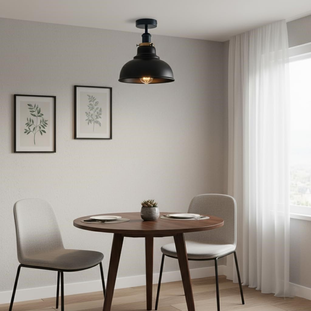 Curvy Metal Shade Ceiling Light, Semi Flush Mount Fixture, E26 Black Holder
