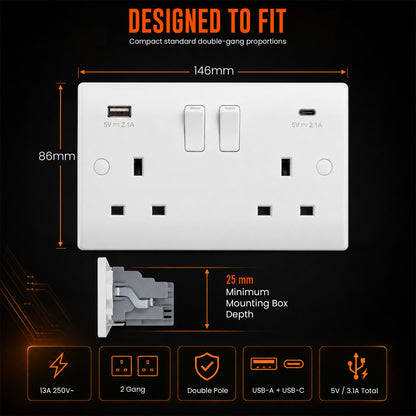 13A Switched Socket White, 1 Gang, 2 Gang & USB~4034