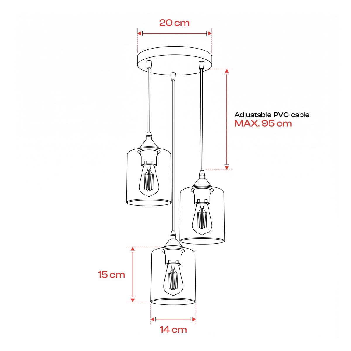 3 Light Pendant, Black Wire Cage or Clear Glass Shades, E27~4088