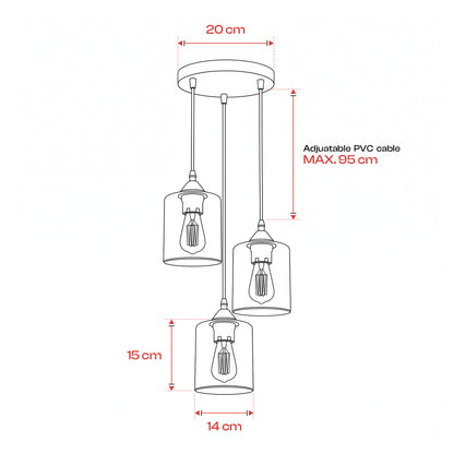 3 Light Pendant, Black Wire Cage or Clear Glass Shades, E27~4088