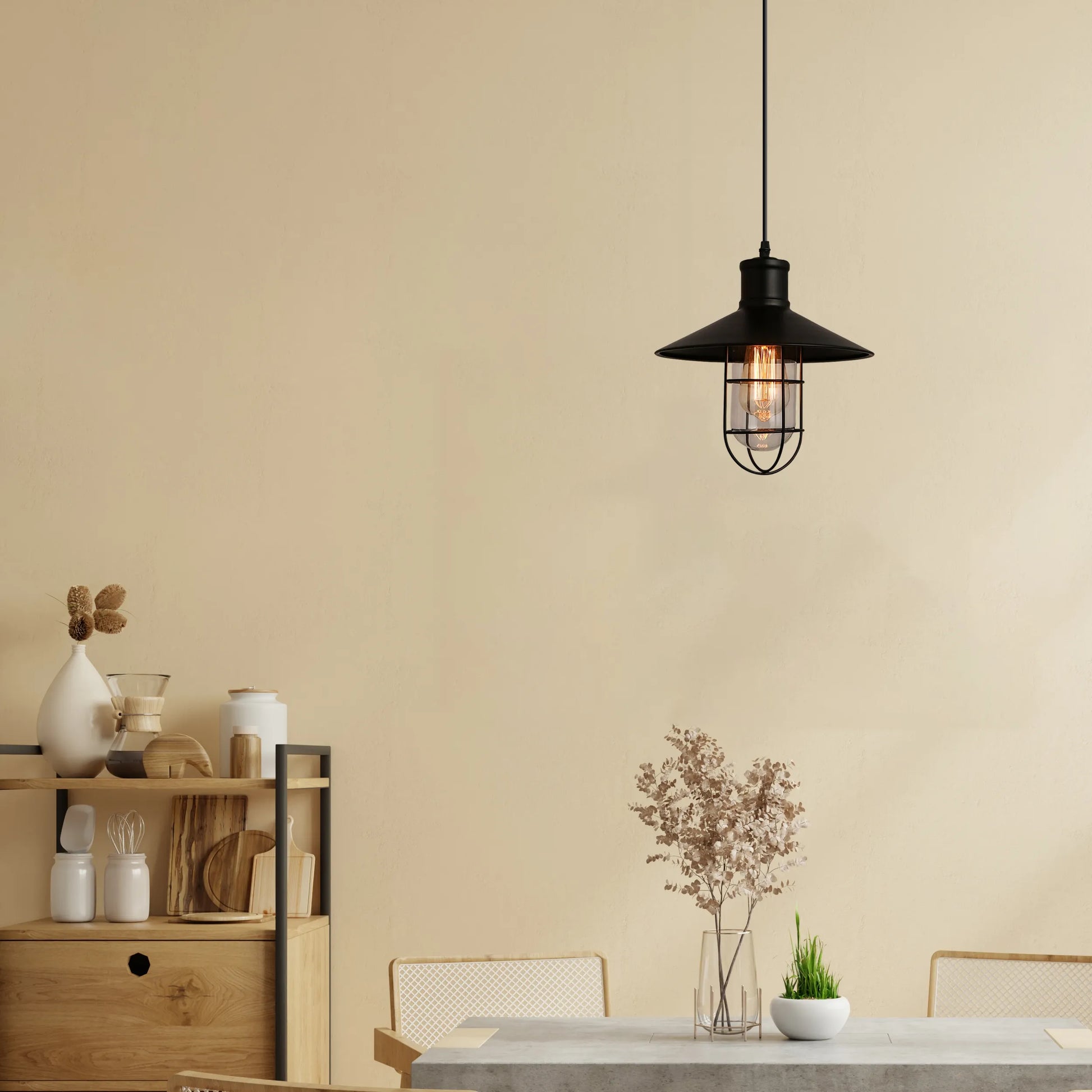 Retro Industrial Black Wire Cage Metal Shade Pendant Lamp- Application Image