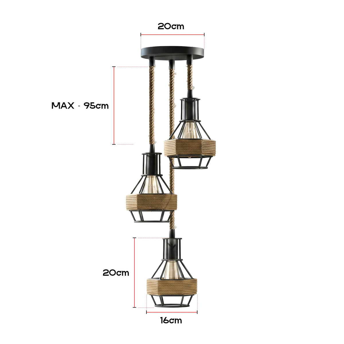 Jute Rope Pendant Light Fitting with Metal Shades~4084