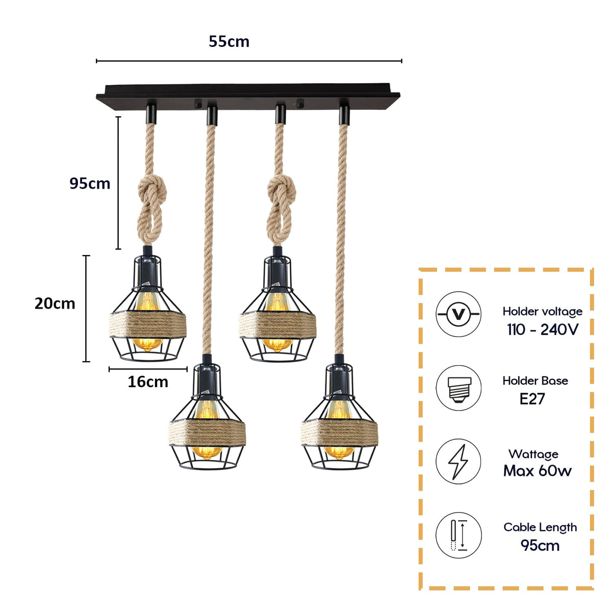 Jute Rope Pendant Light Fitting with Metal Shades~4084