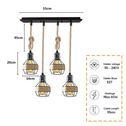 Jute Rope Pendant Light Fitting with Metal Shades~4084