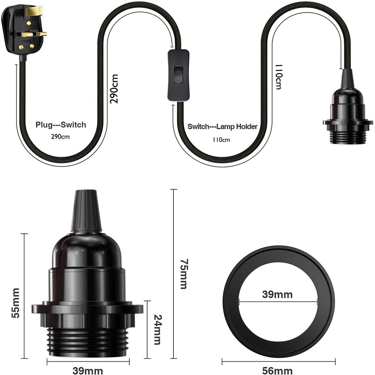 Industrial hanging 4m Plug in Pendant Light Fit~4065
