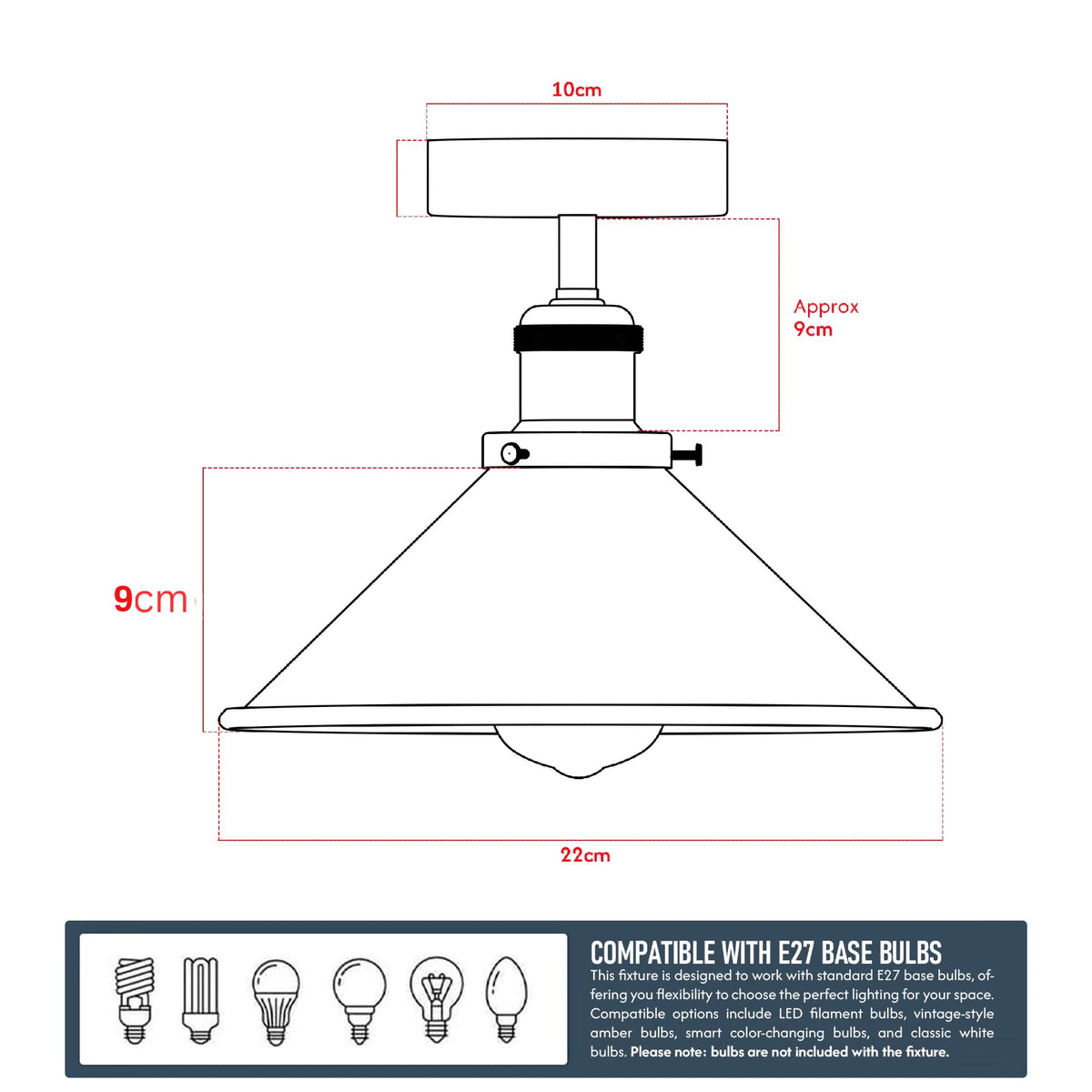 2 Pack 22cm Cone Ceiling Light E27 Semi Flush ~4106