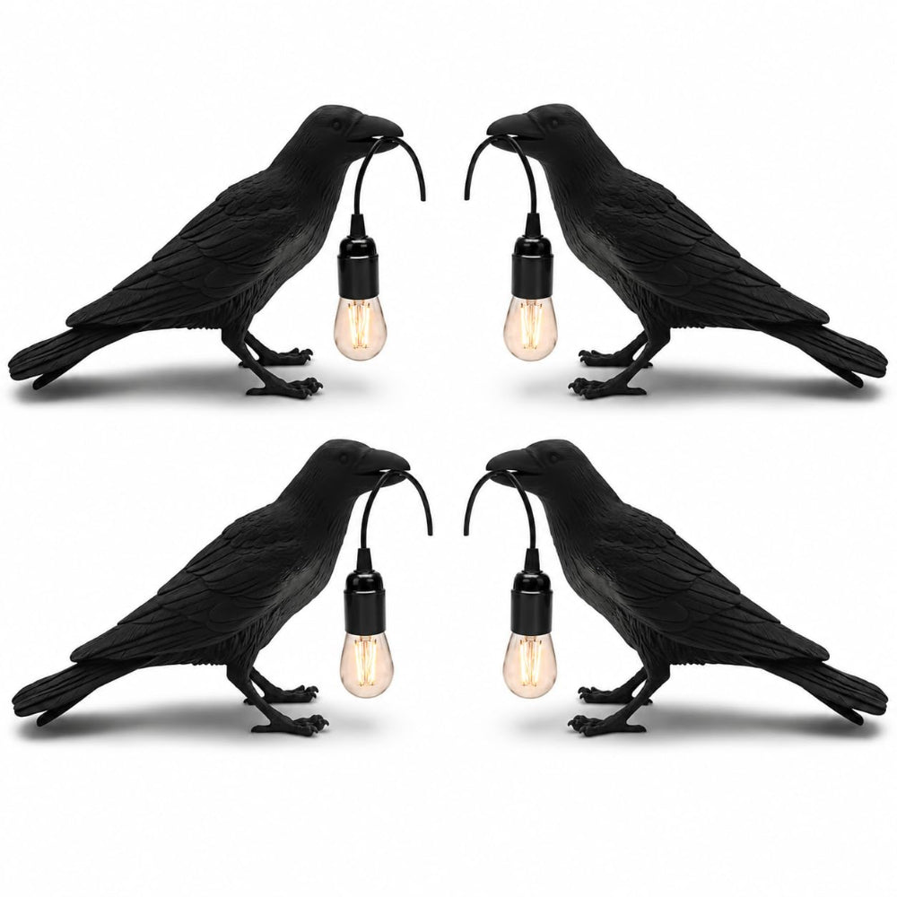 Black raven lamp switched off, showing matte resin bird sculpture