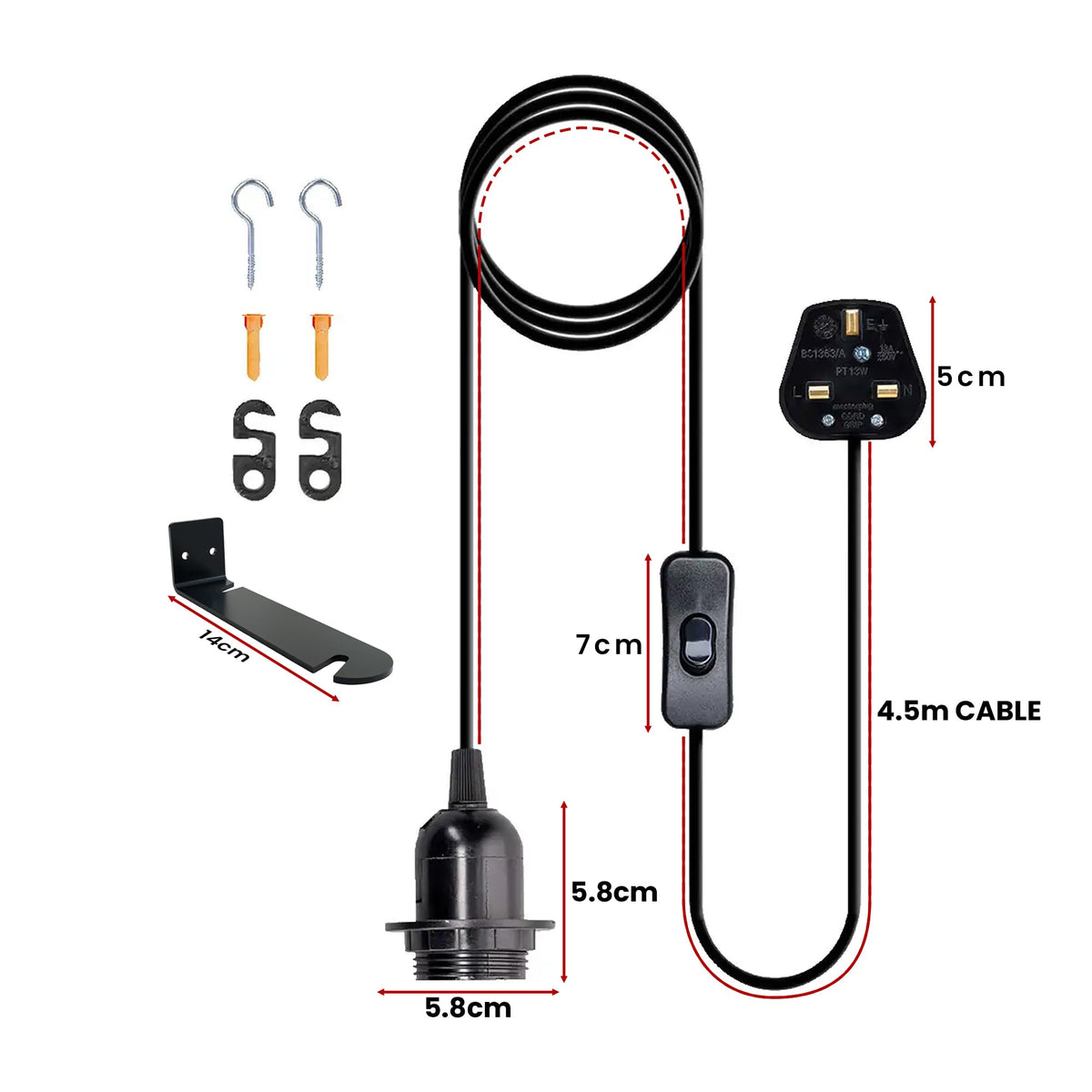 Plug in Pendant Light 2m/4.5m Cable E27 Lamp Holder~4119
