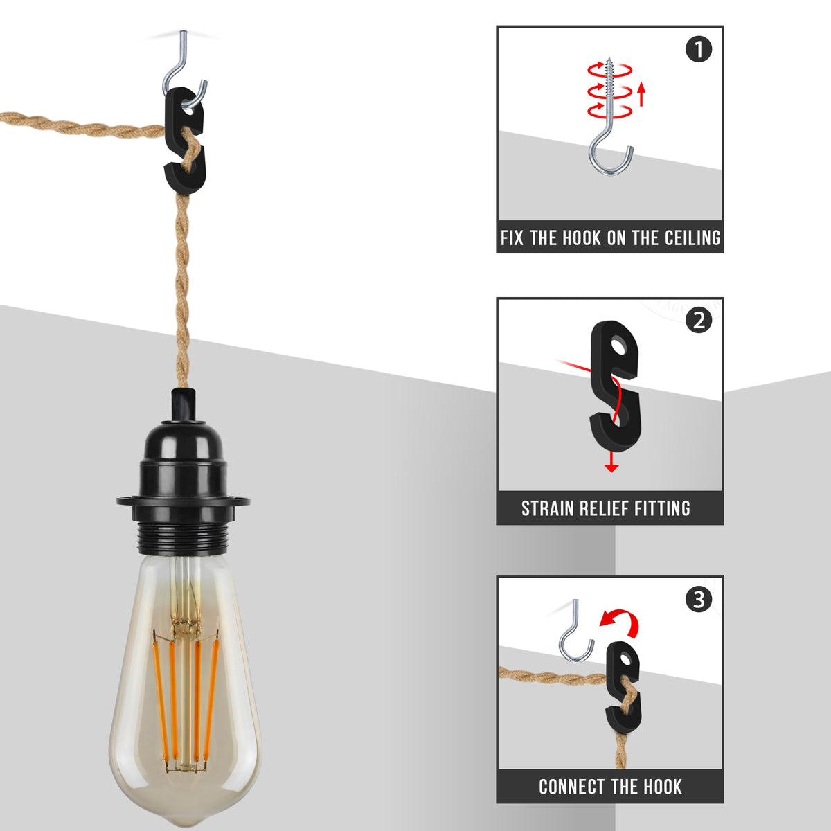Hemp Rope Light Plug in Pendant Lighting with Bulb~4118
