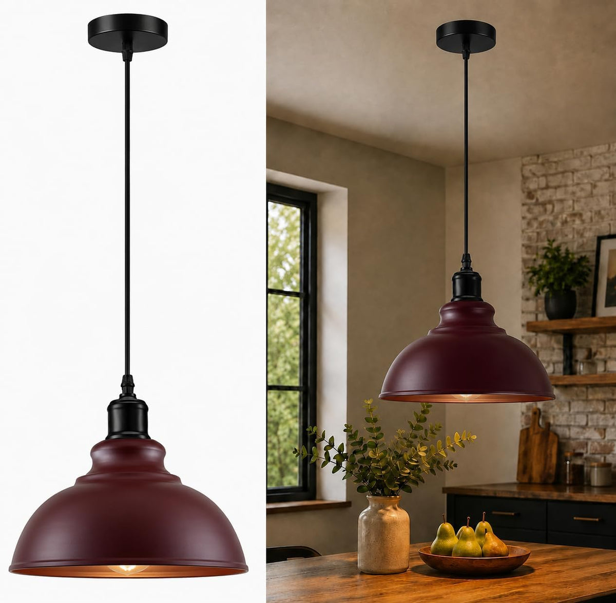 Vintage Curvy Dome Pendant Light in Burgundy~4127
