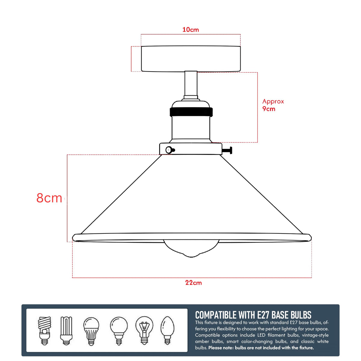Semi Flush Ceiling Light 22cm Cone Shade E27 with Bulb ~4126
