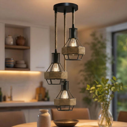 3Head Metal Pendant Light Fitting Hemp Rope E27 Ceiling Lamp ~3737