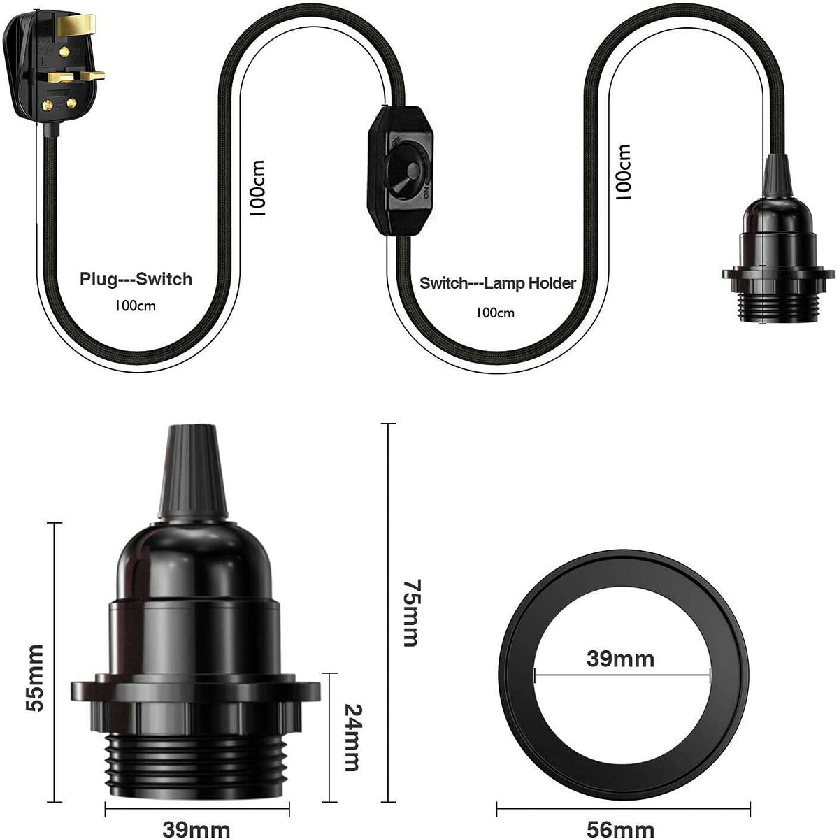 Plug in Pendant Light E27 2m Dimmer Switch Cable~4142