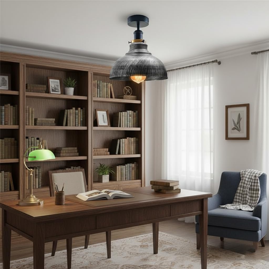 Curvy Metal Shade Ceiling Light, Semi Flush Mount Fixture, E26 Black Holder