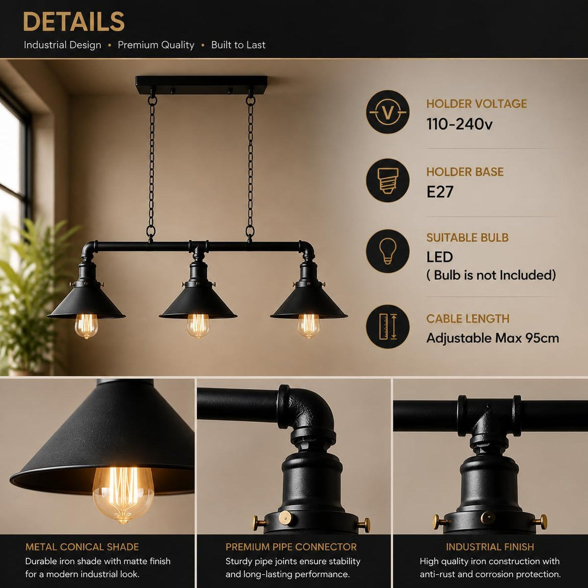 Industrial Steampunk 3 Way Ceiling Lights Black~2409