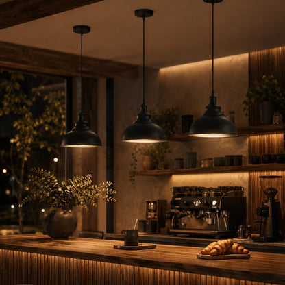 Curved Industrial Pendant Light Shade – Black Metal, 29cm, Set of 2~4052