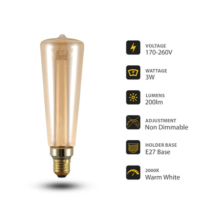 Vintage E27 Edison Screw Light Bulbs 3W Filament Bulb Warm White 2000K Amber Glass~3149