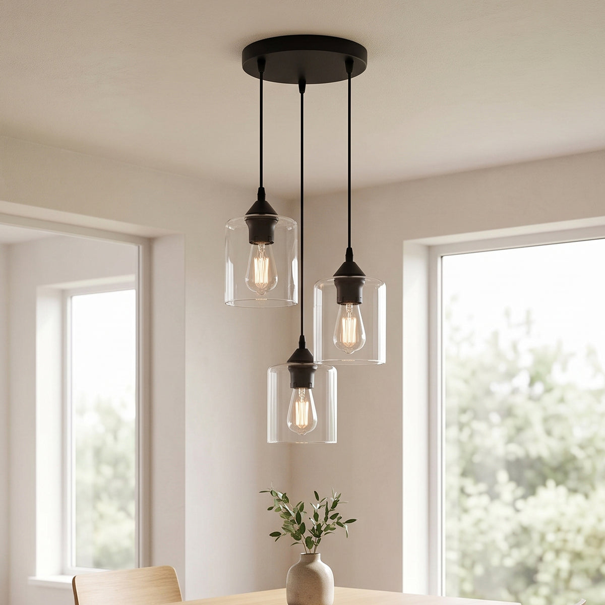 3 Light Pendant, Black Wire Cage or Clear Glass Shades, E27~4088