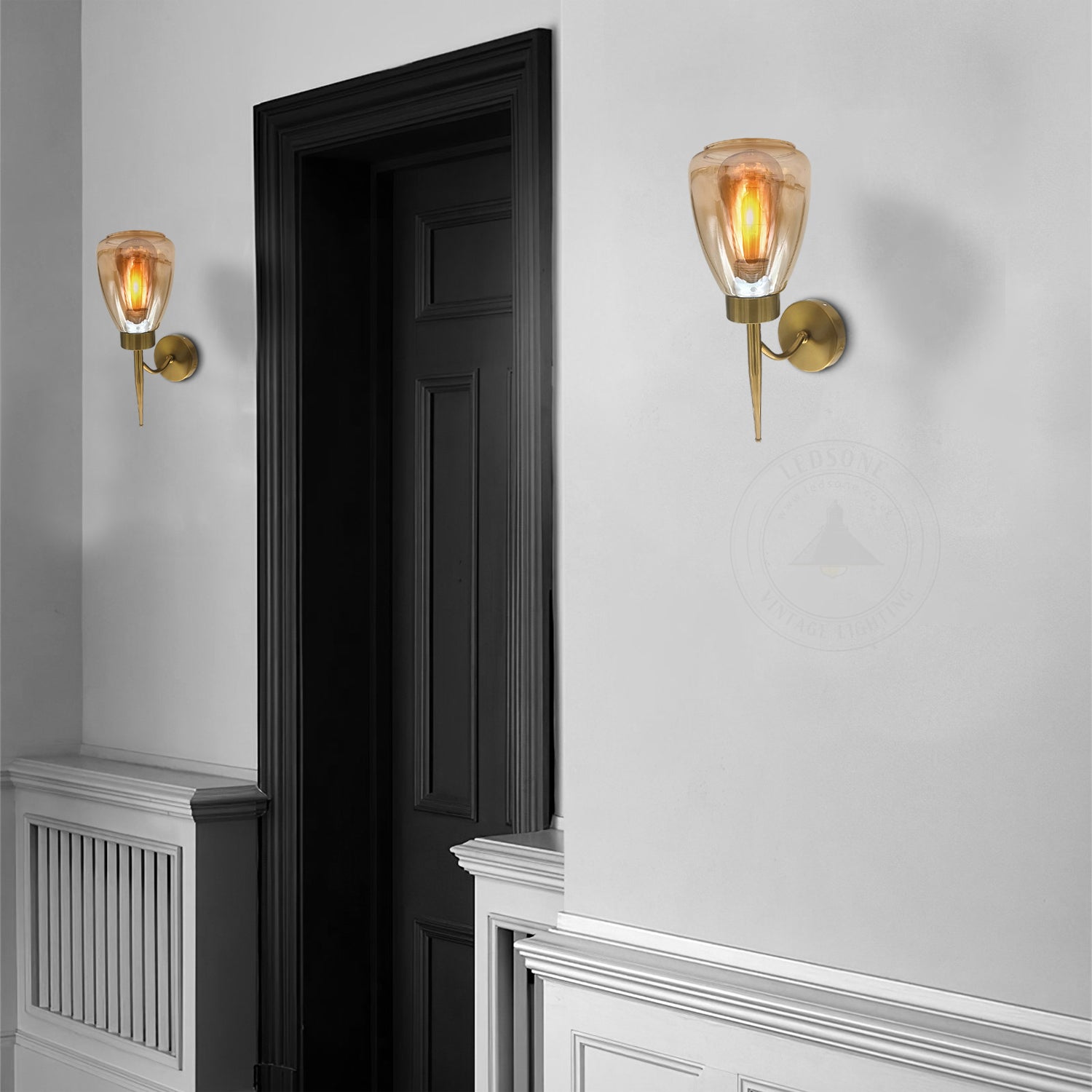 Amber Glass Wall Sconce with Copper Plated Finish – Perfect Illumination for Living Rooms, Bedside Reading, Stairs, Offices& Bars- Application imageAmber Glass Wall Sconce with Copper Plated Finish – Perfect Illumination for Living Rooms, Bedside Reading, Stairs, Offices& Bars- Application image