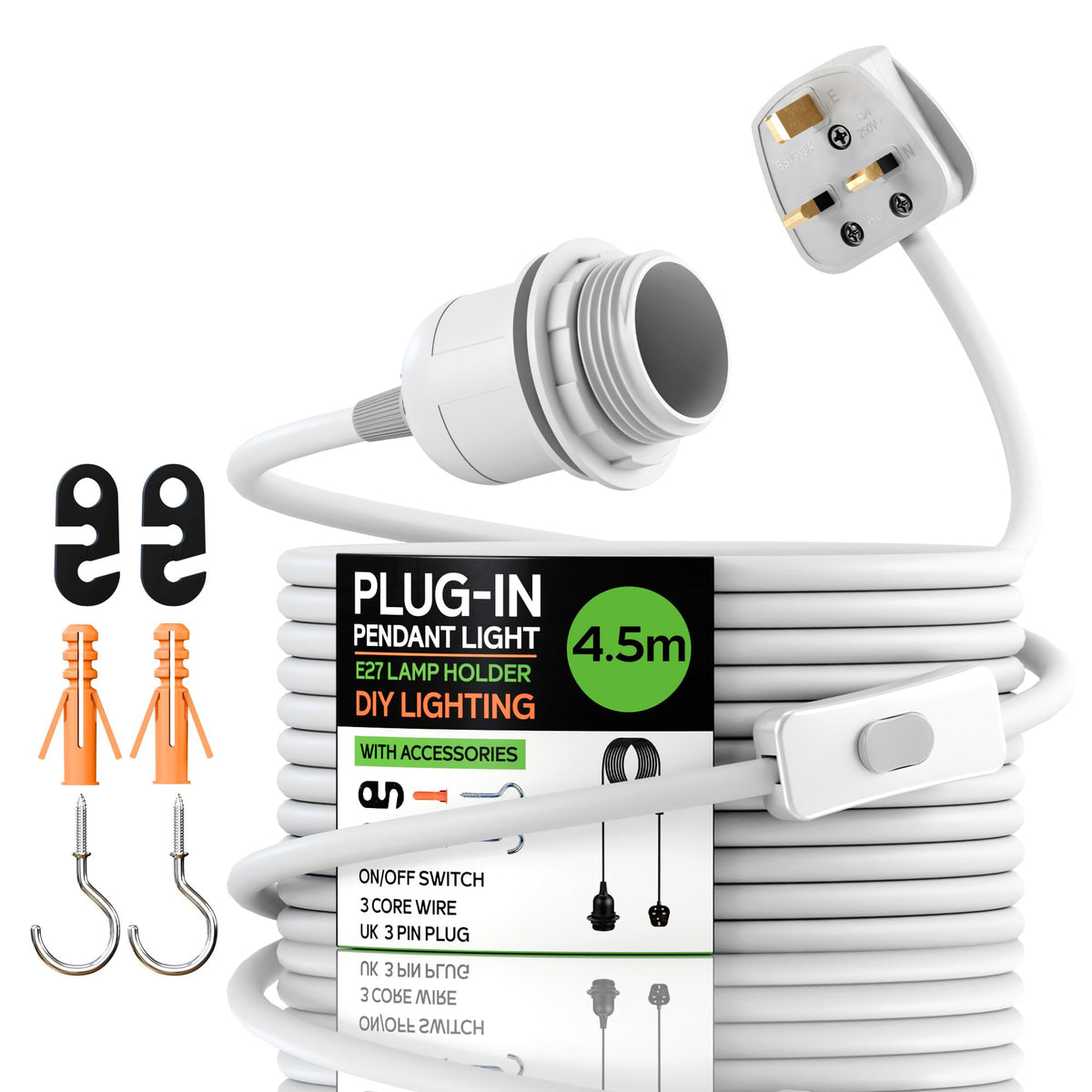 Plug in Pendant Light 2m/4.5m Cable E27 Lamp Holder~4119