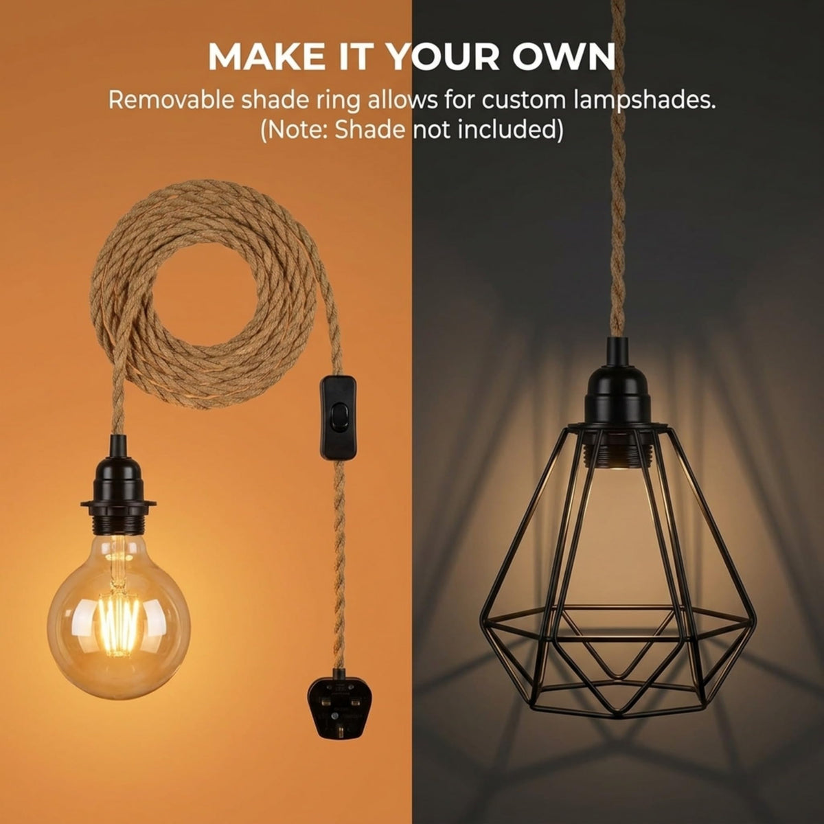 Hemp Rope Light Plug in Pendant Lighting with Bulb~4118
