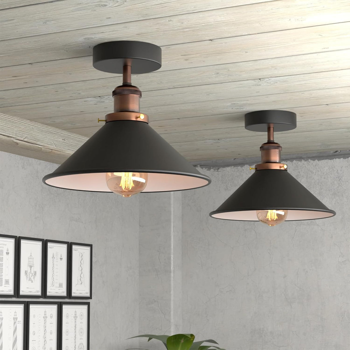 2 Pack 22cm Cone Ceiling Light E27 Semi Flush ~4106