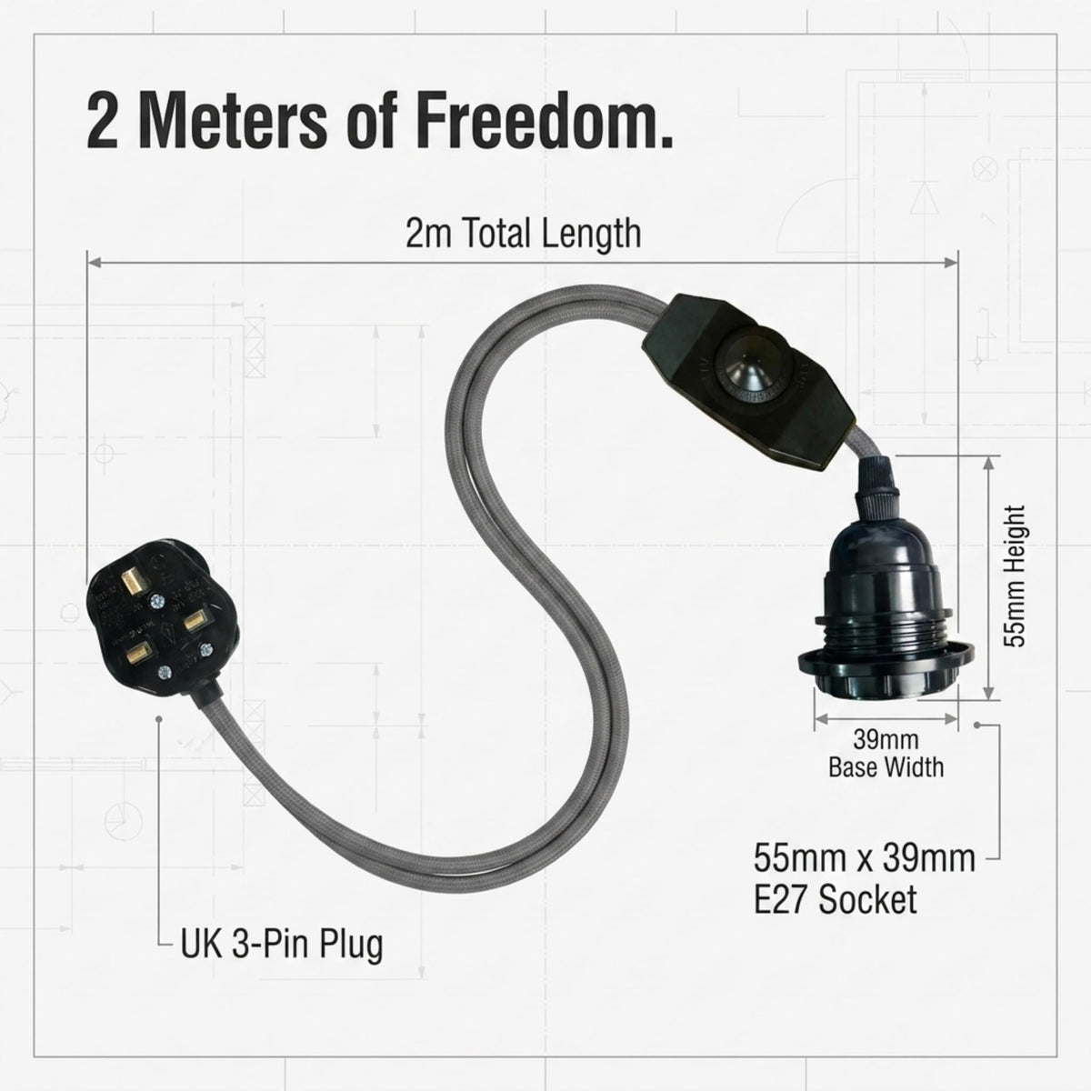 2m Plug in Pendant Light Fabric Cable  E27 Socket~4101
