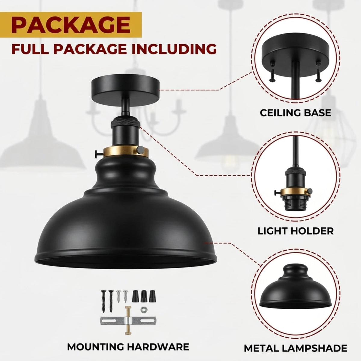 Curvy Metal Shade Ceiling Light, Semi Flush Mount Fixture, E26 Black Holder