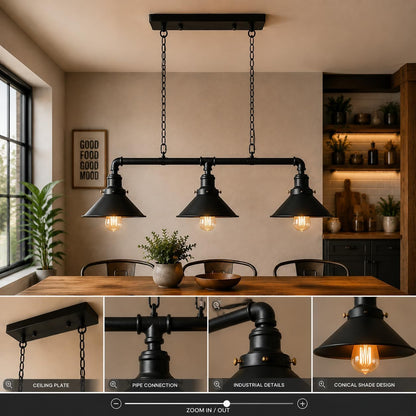 Industrial Steampunk 3 Way Ceiling Lights Black~2409