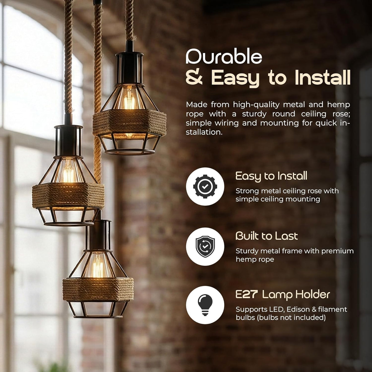 Jute Rope Pendant Light Fitting with Metal Shades~4084