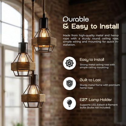 Jute Rope Pendant Light Fitting with Metal Shades~4084