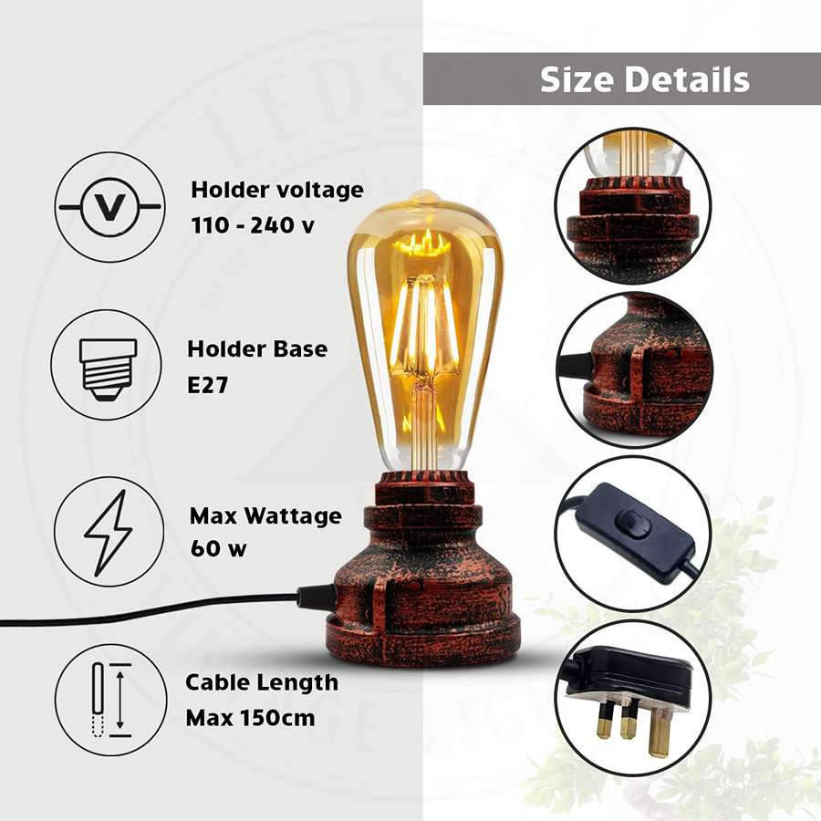 Water Pipe E27 LED Table Light Desk Lamp With Plug In Cord - Detail Image