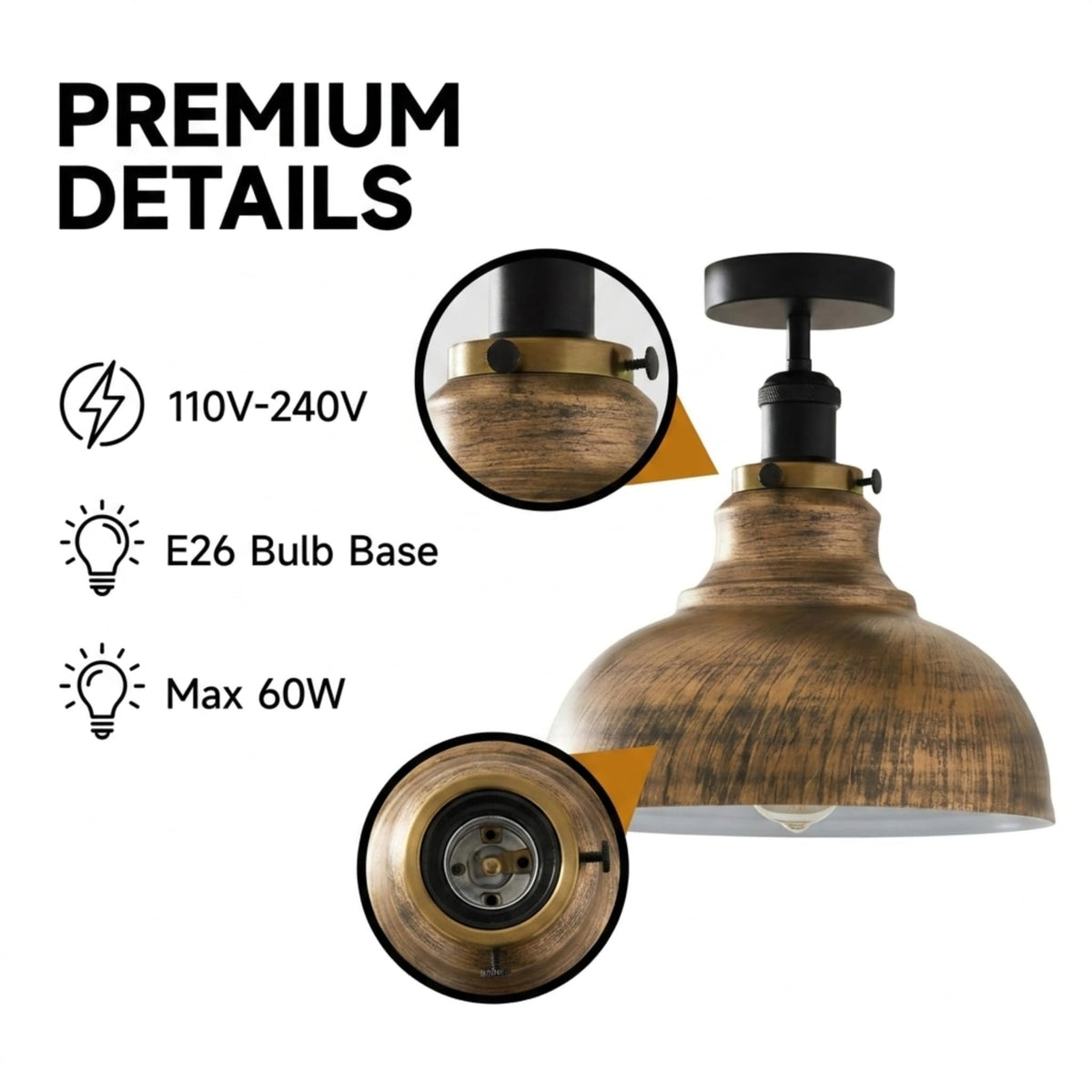 Curvy Metal Shade Ceiling Light, Semi Flush Mount Fixture, E26 Black Holder