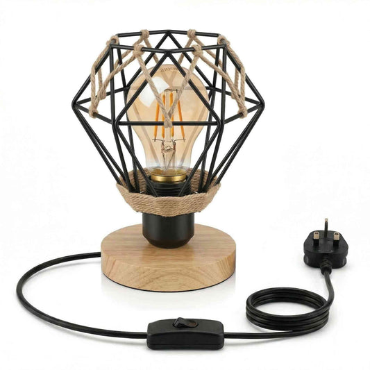 Wooden Bedside Lamp wih Hemp Wrapped Black Cage