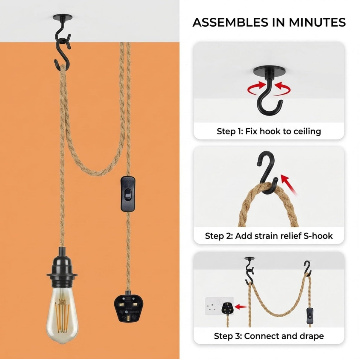 Hemp Rope Light Plug in Pendant Lighting with Bulb~4118