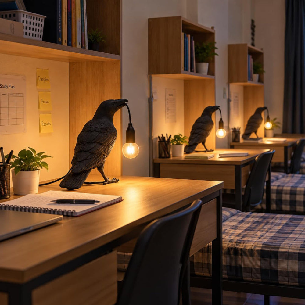 Front view of black raven desk lamp with bulb included