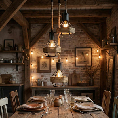 3Head Metal Pendant Light Fitting Hemp Rope E27 Ceiling Lamp ~3737