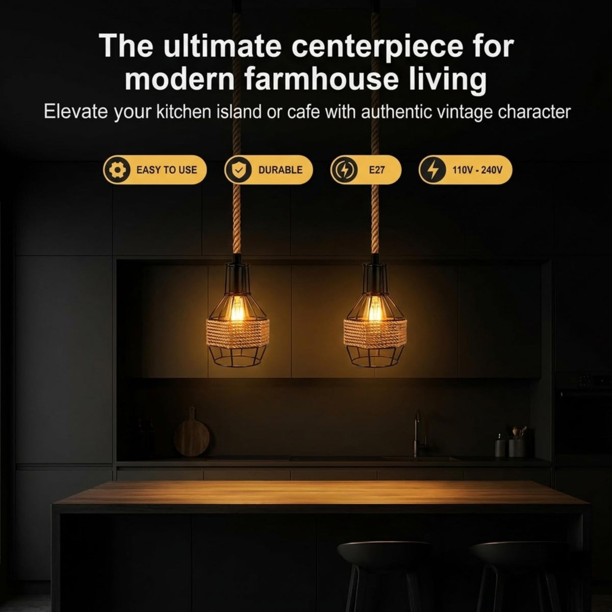Jute Rope Pendant Light Fitting with Metal Shades~4084