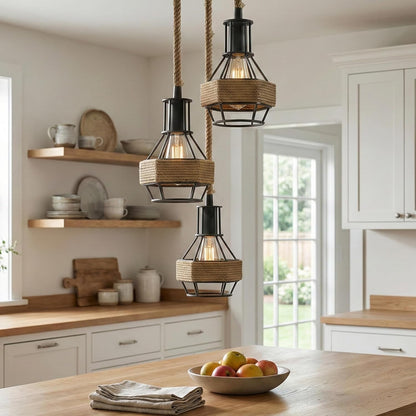 Jute Rope Pendant Light Fitting with Metal Shades~4084