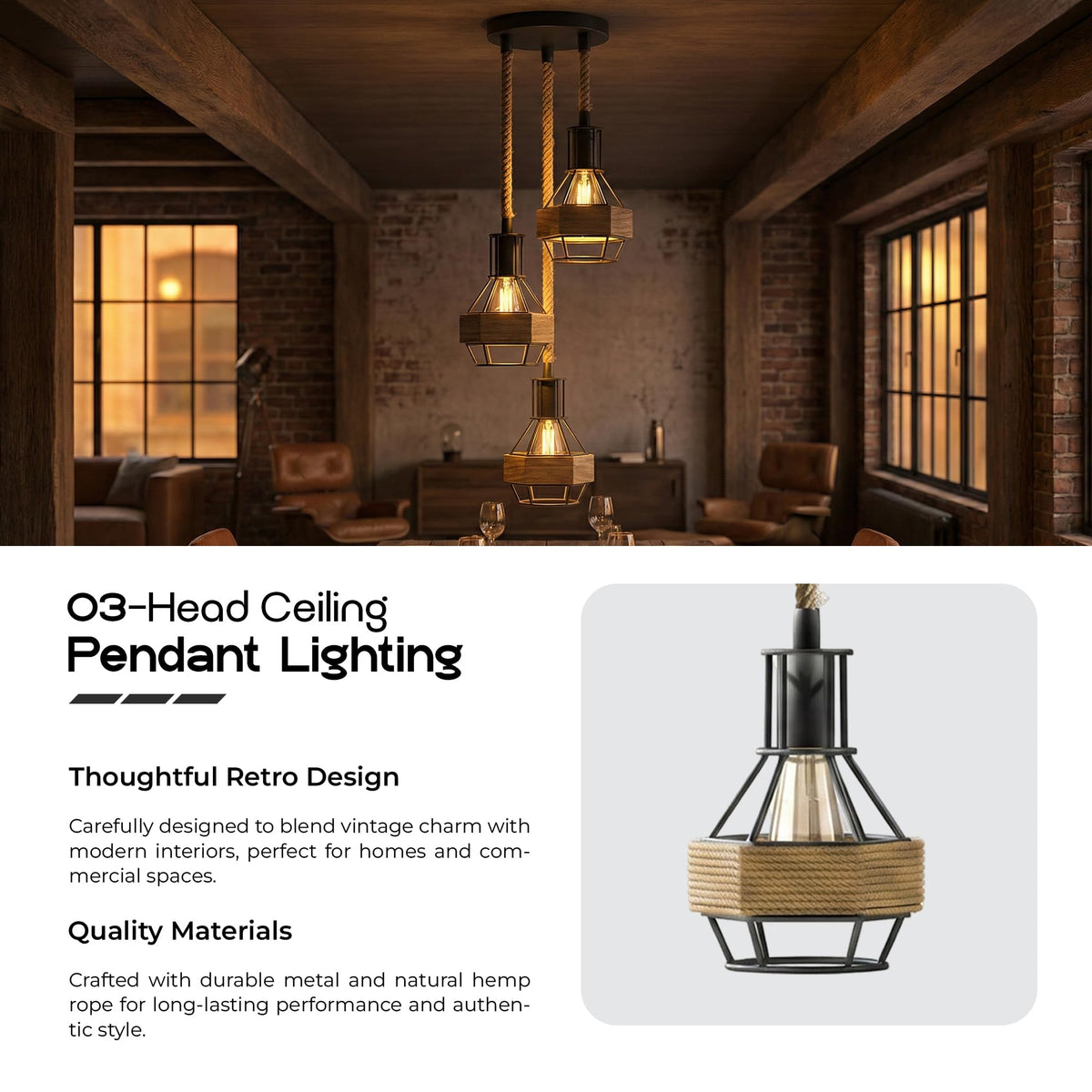 Jute Rope Pendant Light Fitting with Metal Shades~4084