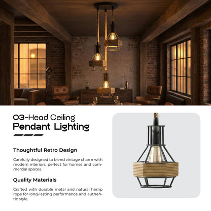 Jute Rope Pendant Light Fitting with Metal Shades~4084