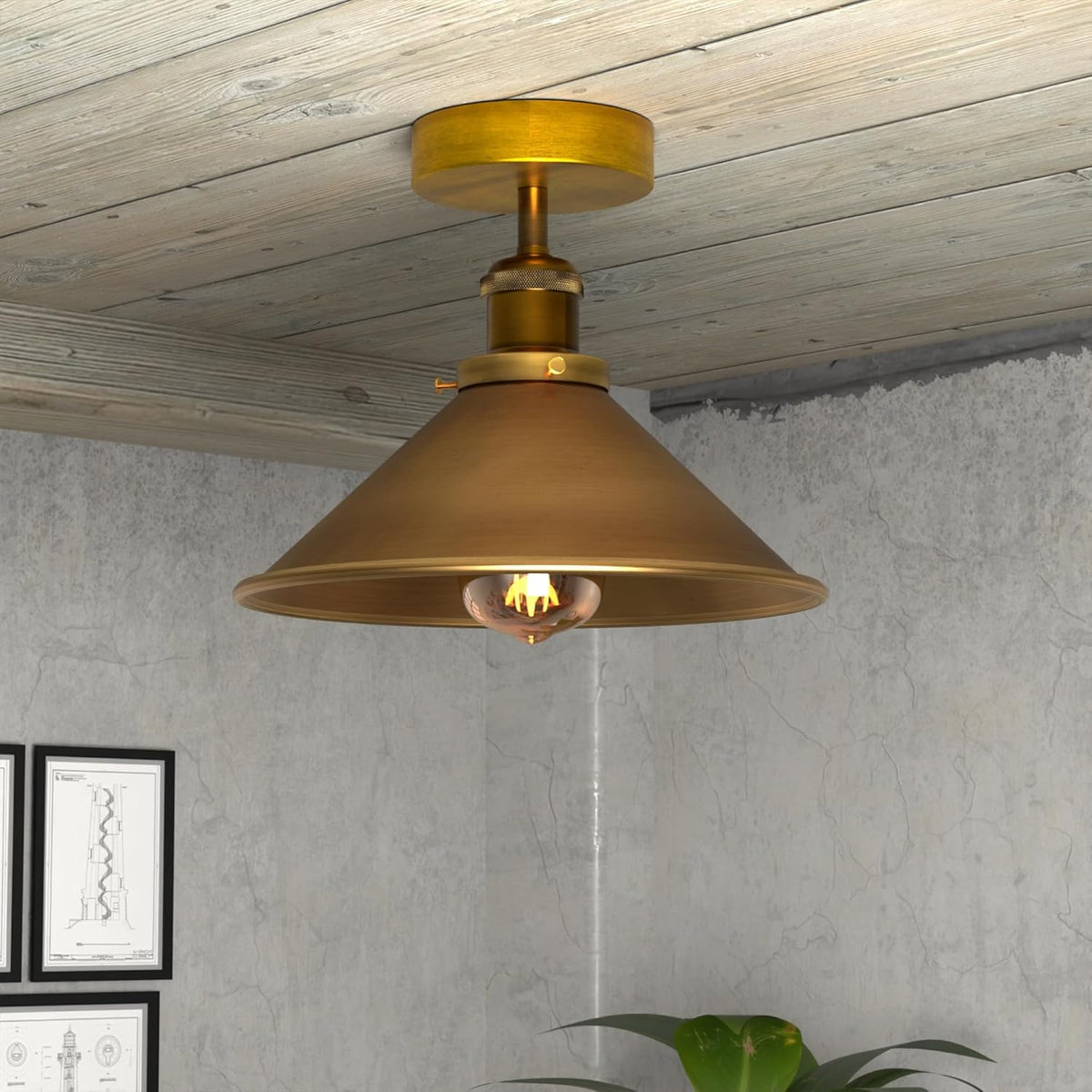 Semi Flush Ceiling Light 22cm Cone Shade E27 with Bulb ~4126
